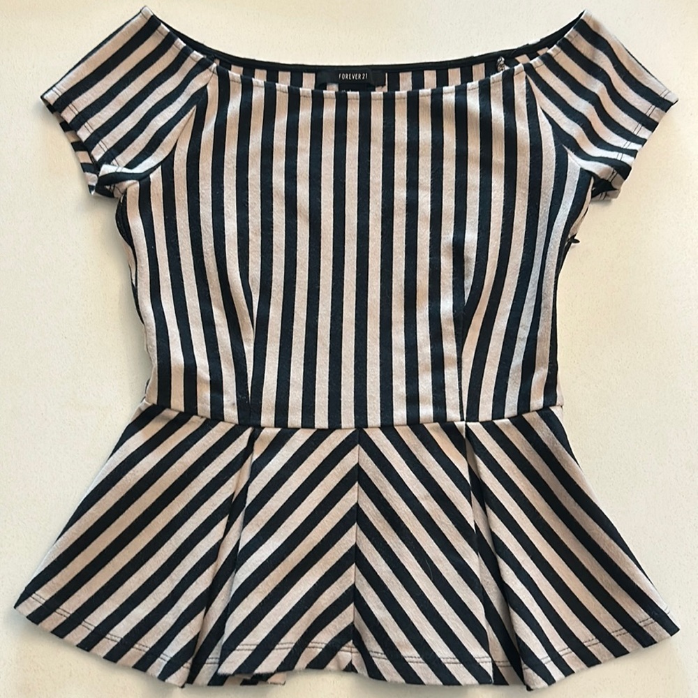 Forever 21 Striped cream and black Peplum Shirt XS